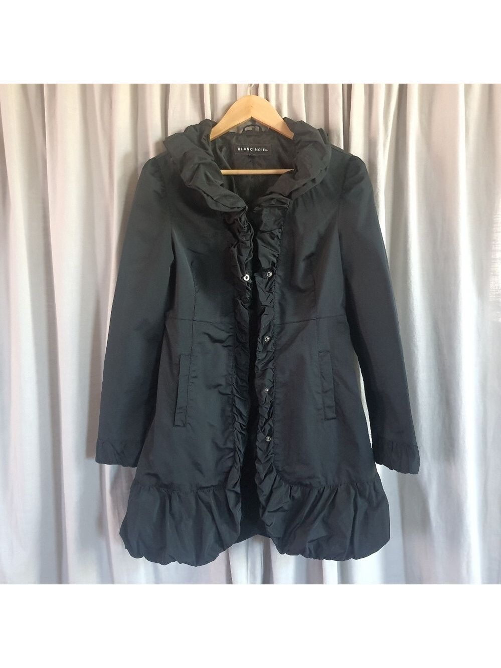 Blanc Noir Black Ruffled Trench Coat Womens M